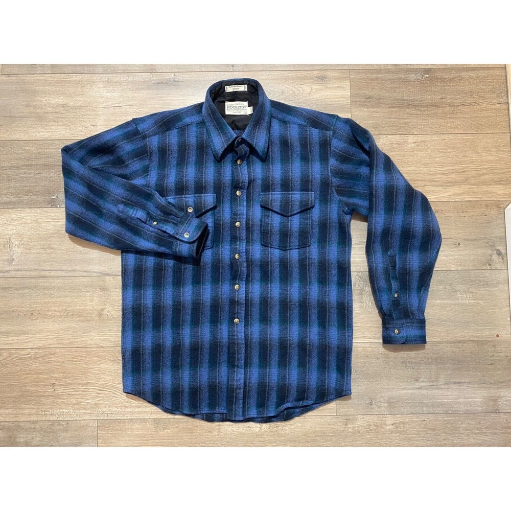 Pendleton Outdoor Mens S Blue Plaid Wool Lumberjack Button Up Long Sleeve Shirt